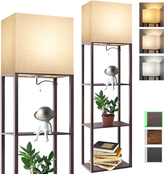 RUNTOP Plus - Floor Lamp with Shelves, Wide Shelf Lamp, Shelf Floor Lamp with 15W LED Bulb, 3 Colors Temperature, Memory Function, Large Display Storage, Standing Lamps for Living Room, Bedroom, Wood by RUNTOP