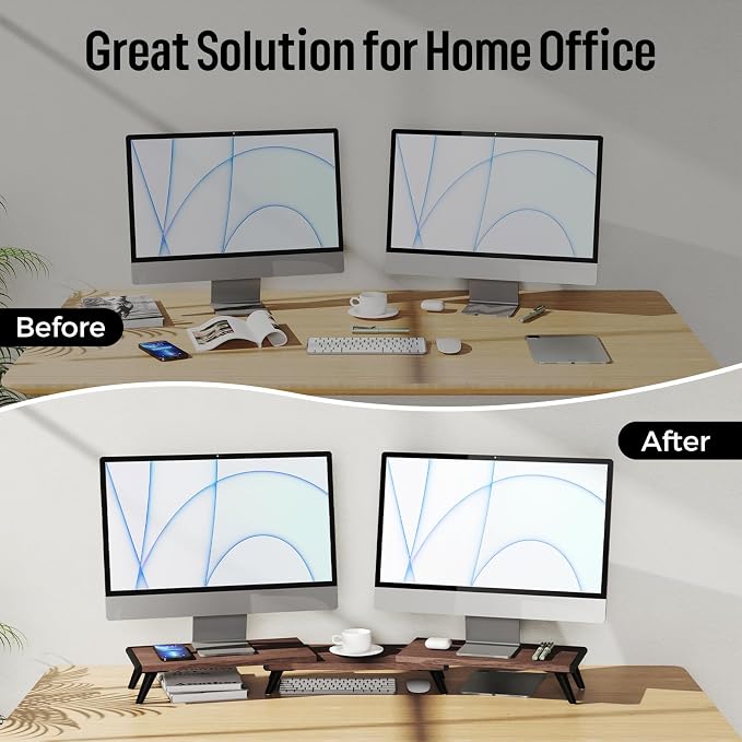 loukin Dual Monitor Stand Riser for Desk, 43.6"*8.2"*3.2" Large Computer Stand for 2 Monitors, Laptop, Printer, Length and Angle Adjustable Computer Shelf, Home Office,Max 43.6" Length(Brown) - Image 7