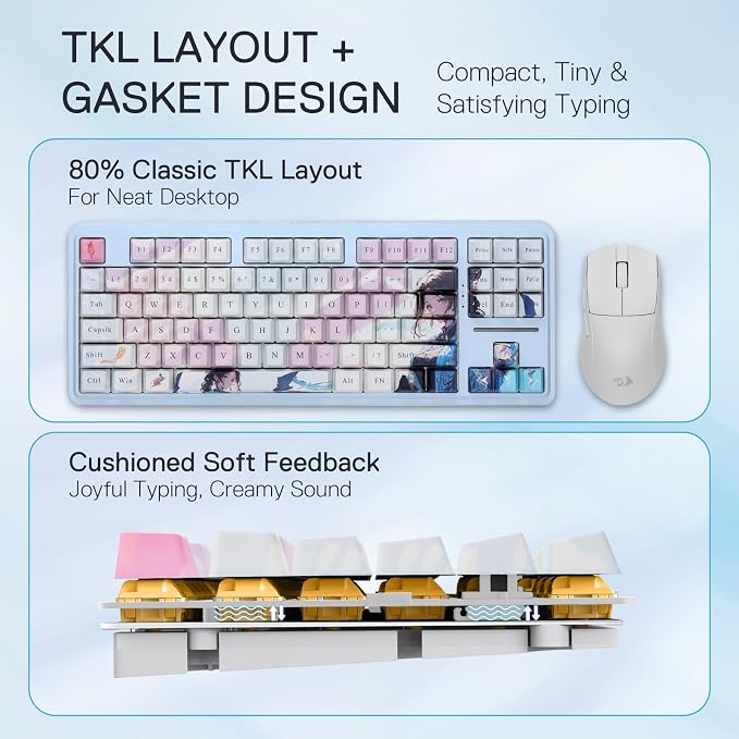 Redragon K728 PRO SE 80% 87 Keys Wireless Gasket RGB Gaming Keyboard, 3-Mode Anime Mechanical Keyboard w/Hot-Swap South-Facing LED Socket, 5-Layer Noise Dampening, Custom Hi-Fi Linear Switch - Image 4