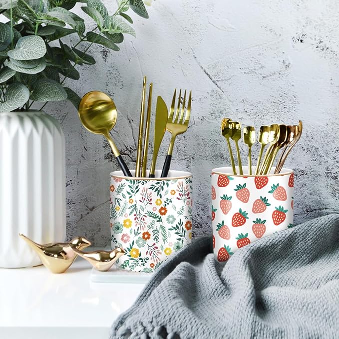 Desk Pen and Pencil Holder, Ceramic Multifunctional Organizer for Home, Office, and School, Green Floral Pattern - Image 3