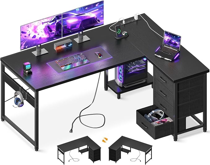 AODK 53" L Shaped Gaming Desk with 4 Drawers and Power Outlets, Black | USB Ports, PC Tower Stand, Hooks, Reversible Corner Layout for Gaming Rooms, Bedrooms and Home Office by AODK