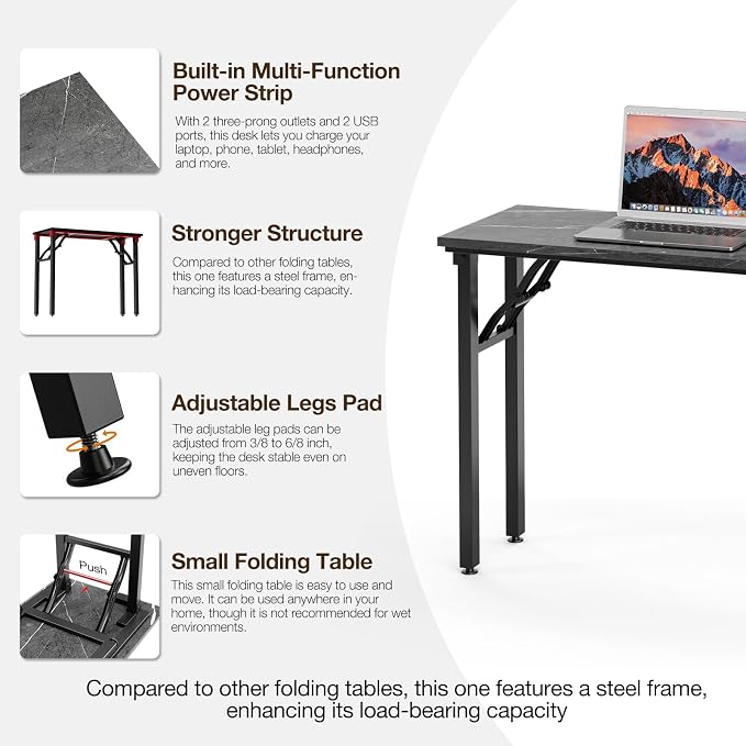 TEMI Small Computer Desk Folding Table - 35.8" Foldable Office Desk, No Assembly, Perfect for Small Spaces in Bedroom, or Apartment, Portable Mini Desk or Study Table Compact Design, Marble Greige - Image 8