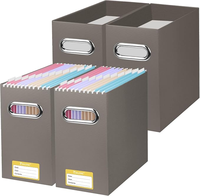 BALEINE File Organizer Box, Cardboard File Folder Organizer with Handle for Letter Size, Portable Collapsible Hanging Filing Box for Home Office Document Storage (4 Pack, Brown) by BALEINE