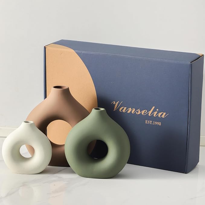 Vanselia Ceramic Vase Home Table Decor - Flower Vases Set of 3 Small Living Room Centerpiece Decorations for Shelf Bedroom Office Kitchen Dining Desk Modern Aesthetic Farmhouse Decorative (Brown) - Image 6