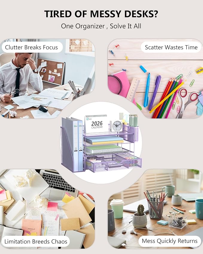 WALI Desk File Organizer, 4 Tier Desktop Paper Letter Tray Organizer with Drawer and 2 Pen Holders, Office Desk Accessories & Workspace Organizers for Office, Home Supplies(DO005DH-V), 1 Pack, Purple - Image 3