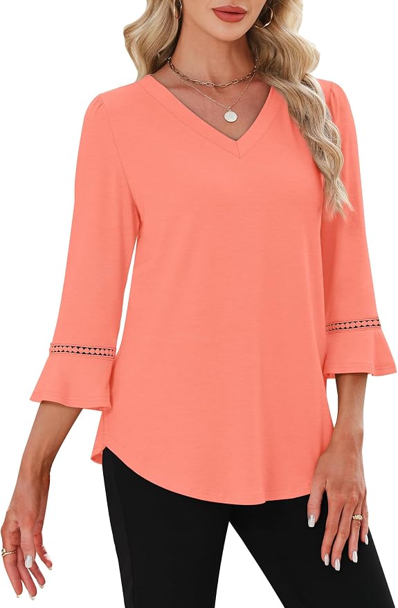 WIHOLL Womens Blouses Dressy Casual 3/4 Length Sleeve Tops Lace Trendy 2026 Spring Summer V Neck Shirts Vacation Outfits - Image 3
