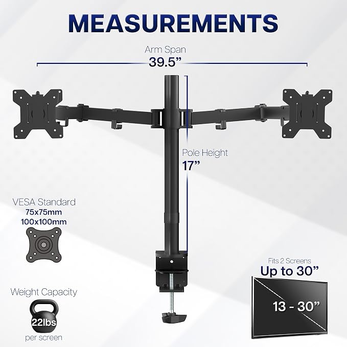 VIVO Dual Ultrawide Monitor Desk Mount, Heavy Duty Fully Adjustable Steel Stand, Holds 2 Computer Screens up to 38 inches and Max 22lbs Each, Black, STAND-V038 - Image 4