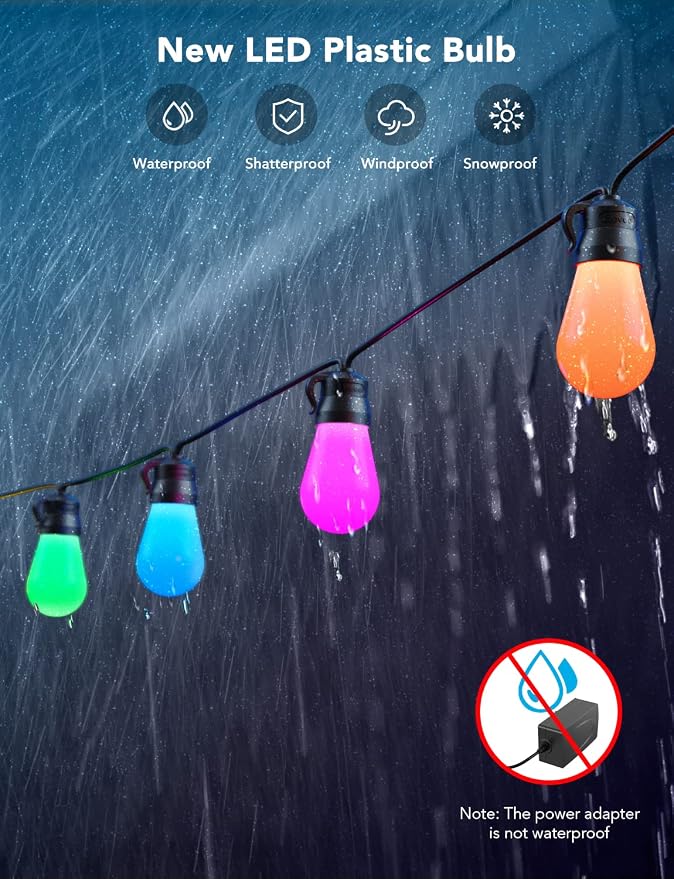 Govee Smart Outdoor String Lights H7015, 48ft RGBIC Outdoor Lights with 15 Dimmable LED Bulbs, IP65 Waterproof, Color Changing Warm White Lights with 47 Scene Modes for Patio, Backyard, App Control | 15 Dimmable LED Bulbs Outdoor Lights with Color Chan... - Image 4