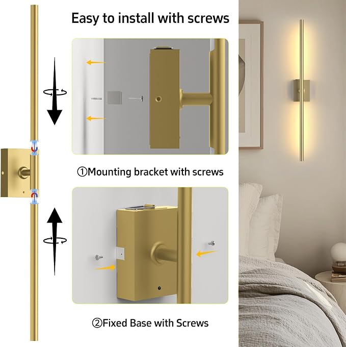 Battery Operated Wall Sconces Set of Two: Dimmable Wireless Wall Lights with Remote, 31-inch LED Rechargeable Sconces, 360° Lighting Wall Scone Decor for TV, Mirror, Bedroom, Living Room(Gold) - Image 5