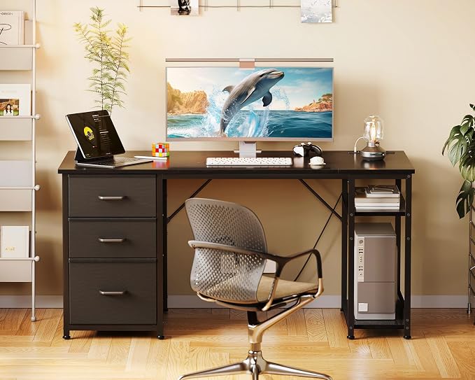 AODK 51 Inch Computer Desk with Drawers & USB Power Outlets | Reversible Home Office Desk with Storage Shelves, Work from Home, Modern Work/Writing/Study Table for Bedroom, Black - Image 2