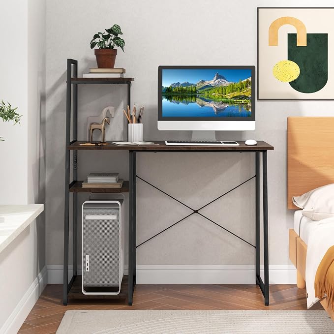 Giantex Computer Desk with Shelves, 47.5” Home Office Desk with Bookshelf, Host Stand, Metal Frame, PC Laptop Workstation, Modern Study Writing Desk for Bedroom, Small Space (Rustic Brown & Black) - Image 9
