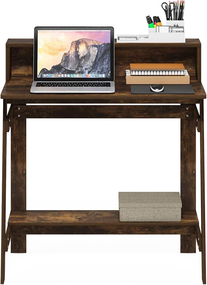 Furinno Simplistic Desk, 32" Wide Gaming Desk with Monitor Stand, A Frame Computer Desk with Shelf, Office Desk for Home Office, Bedroom, Study Room, Dorm, Amber Pine - Image 4