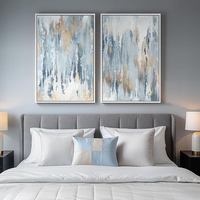 Large White Framed Blue and Gold Abstract Canvas Wall Art, 2 Piece Modern Minimalist Art Prints Paintings Artwork for Walls, Glitter Pictures for Living Room, Dining Room, Bedroom Wall Decor 20x30 In - Image 4