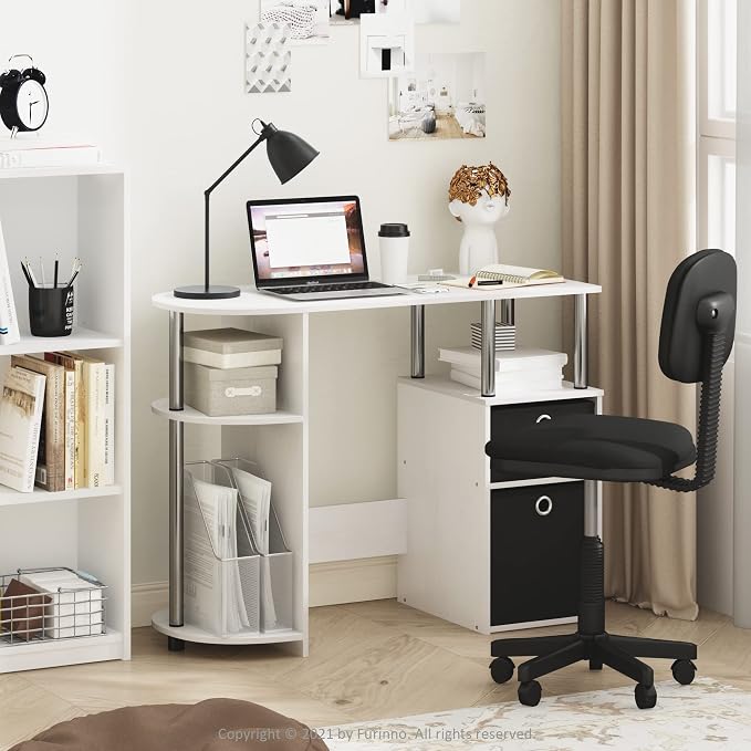 Furinno Jaya Simplistic Computer Study Desk, White Oak/Chrome/Black - Image 2