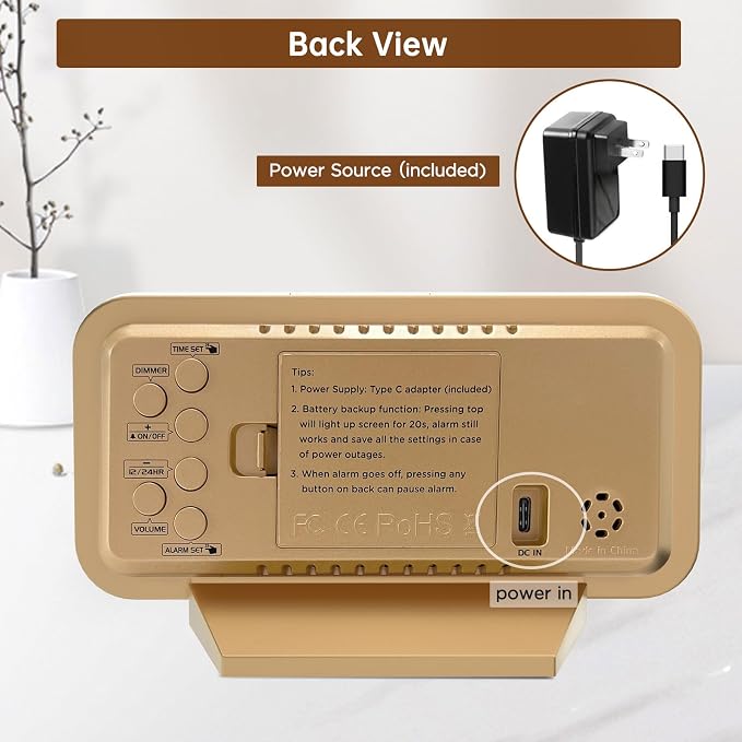 Peakeep Slim Digital Mirror Aesthetic Alarm Clock for Bedrooms Desk Decor | Plug in Electric Big LED Modern Small Clock for Office Living Room, Battery Backup, 6 Dimmers (Gold) - Image 7