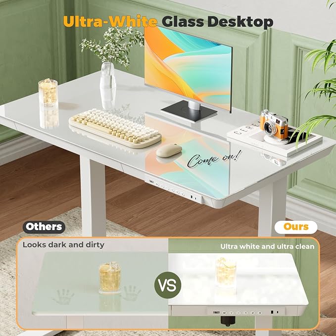 35" Electric Standing Desk with Drawer, One-Piece Glass Top | Quick Install One-Piece Tabletop with USB Charging Ports, Sit Stand Computer Desk with Wheels for Small Space, White - Image 5