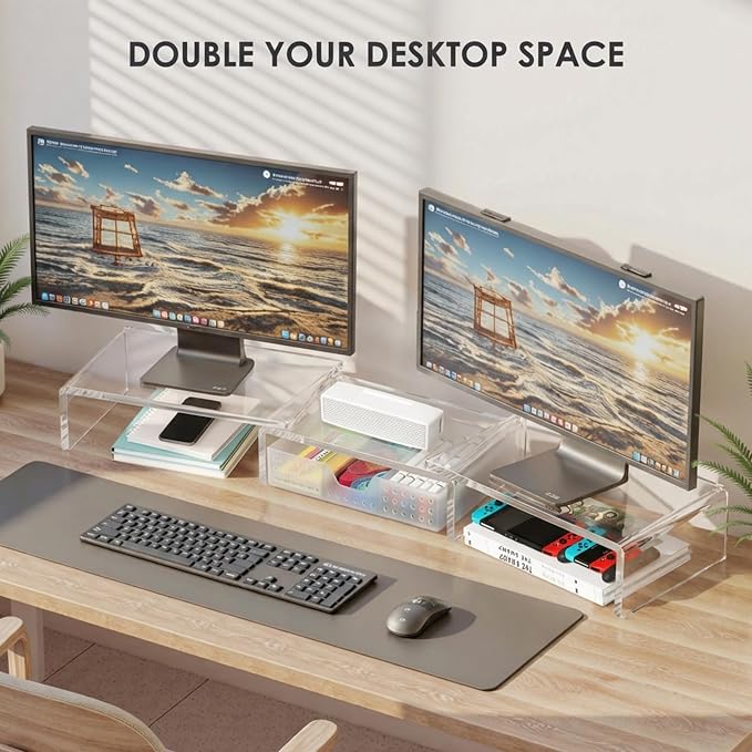 OPNICE Clear Acrylic Desk Organizers and Accessories, Dual Monitor Stand Riser with Drawer, Desk Shelf Computer Racks for Office Workspace Organizers, Desktop Organization (Transparent) - Image 4