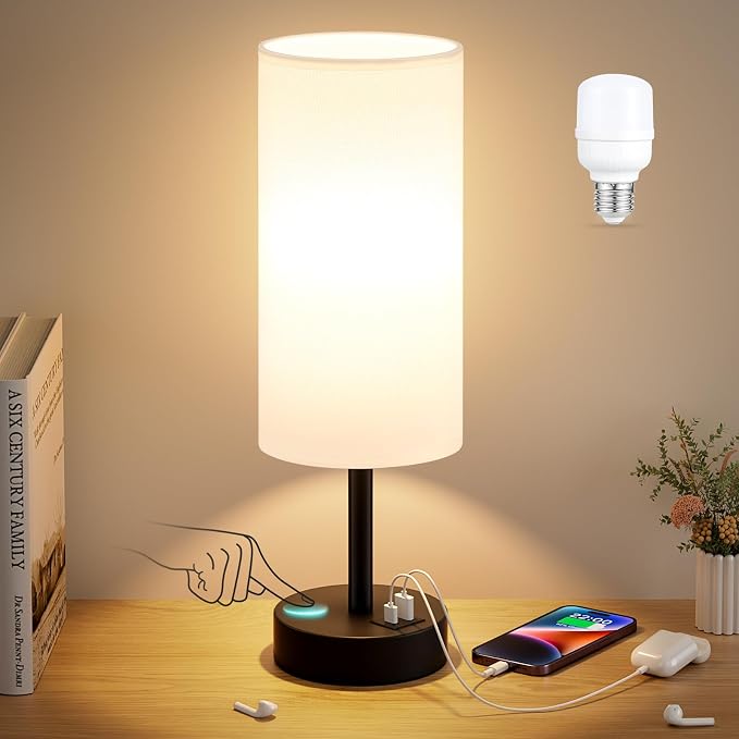 Dicoool Bedside Table Lamp for Bedroom - 3-Way Dimmable Touch Lamp, USB A+C | LED Bulb Included, 14" Small Nightstand Lamp for Desk, Living Room, Guest Room, White Fabric Lampshade, Black Metal Base by DicooolDirect
