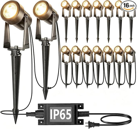 SUNTHIN Outdoor Landscape Lighting, 16 Pack LED Spot Lights Kit, Warm White | IP65 Waterproof, Extendable, Connects up to 20 lamp heads, for Garden, Yard, House, Lawn, Tree, Flags, Fence Use by SUNTHIN
