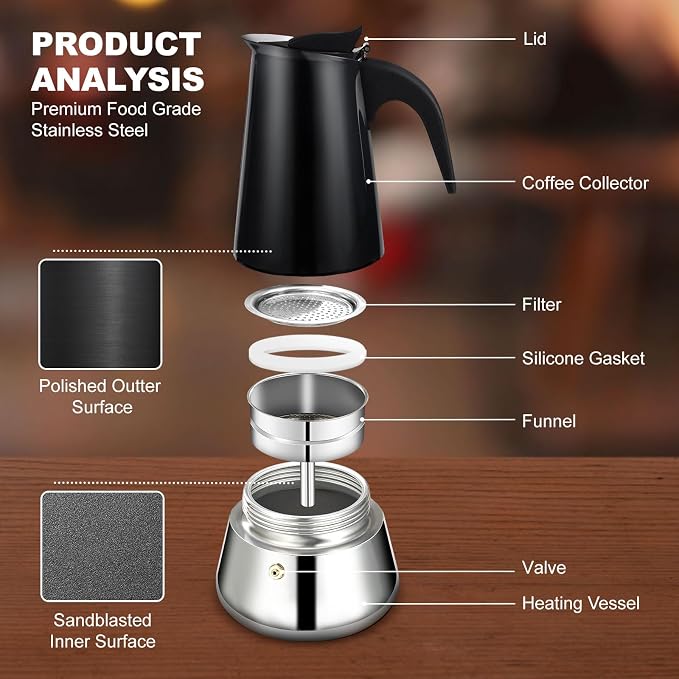 12 Cup Stovetop Espresso Maker Stainless Steel Moka Pot Stove Top Percolator Italian Coffee Makers Capable Mocha Greca Machine Cafe Classic Induction Cookers for Home and Camping 600ml 20oz - Image 4