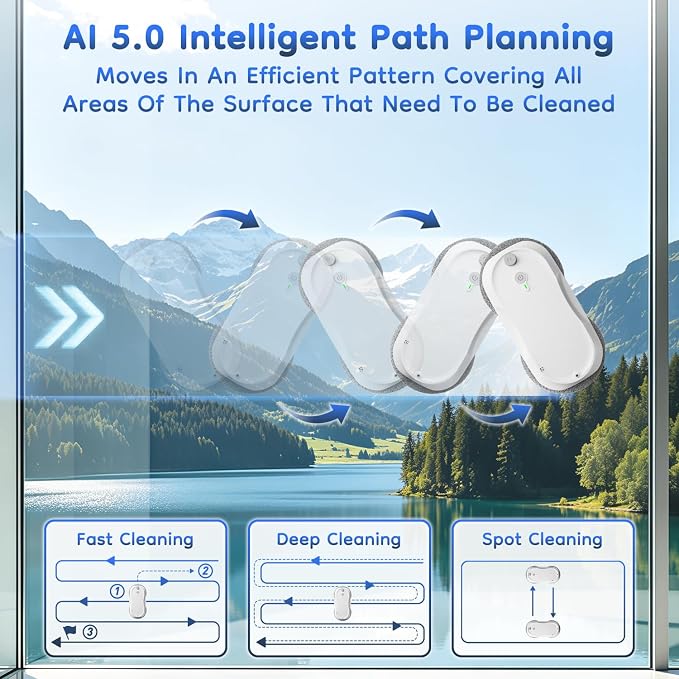 2026 Updated Window Cleaning Robot - Enhanced Battery, Max 6400Pa, Path Planning, Anti-Slipping, Edge Detection, Window Cleaner Robot for High-Rise Windows (2 pairs of nozzles, 10 cloths) (White) - Image 3