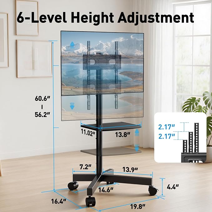PERLESMITH Rolling TV Stand for 23-63 Inch Flat/Curved Screen TVs up to 88 lbs, Mobile TV Stand on Wheels, Portable TV Stand with Tilt & Height Adjustable,Outdoor TV Stand Max VESA 400x400mm - Image 2