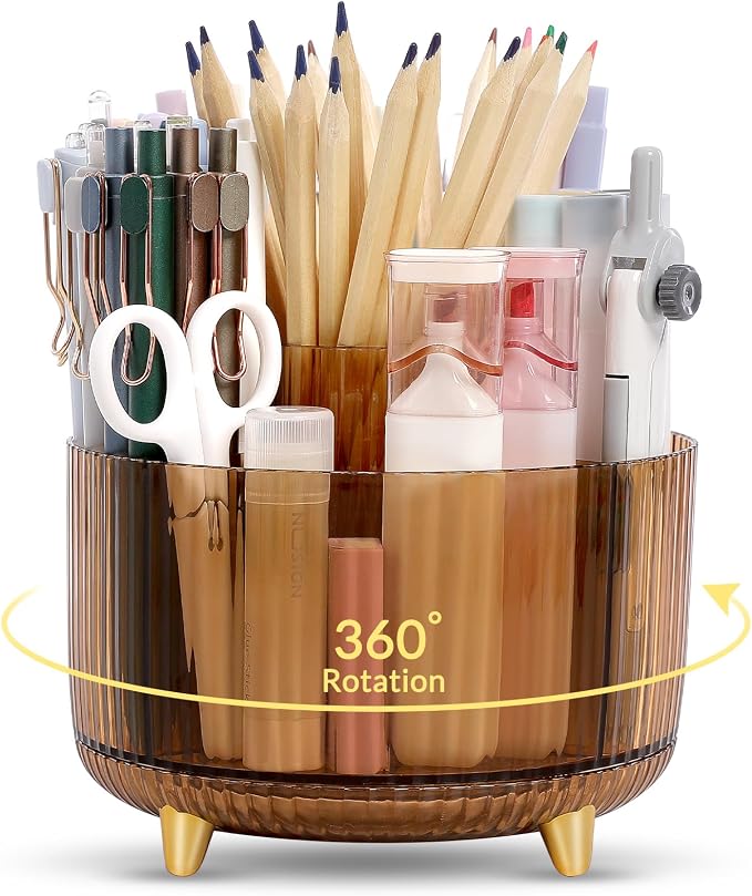 SKYDUE Rotating Pencil Pen Holder, Pen Organizer with 5 Slots - Aesthetic Desk Organizer and Accessories for School, Home, Office Supplies, Clear Tawny by SKYDUE