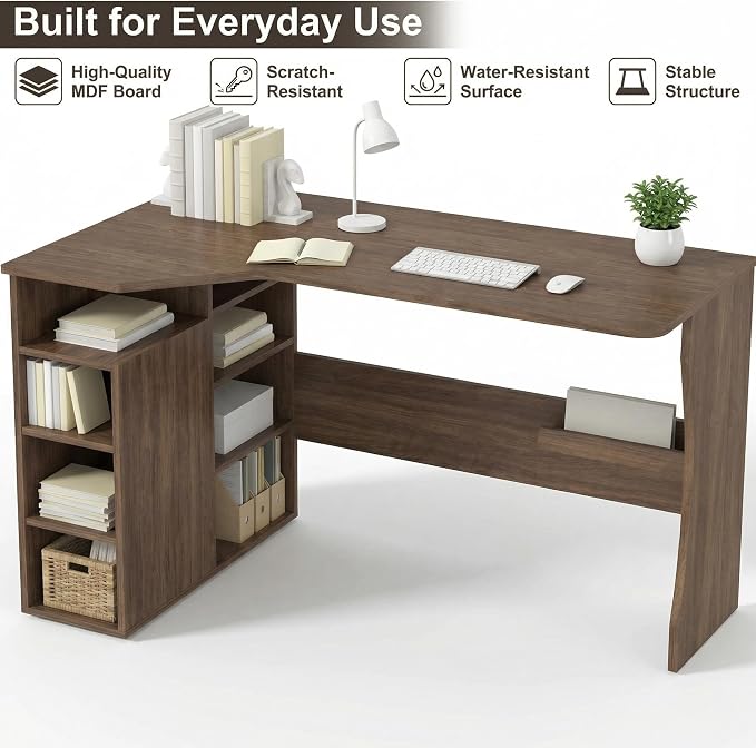 Garvee L Shaped Desk with Storage Shelves, Small Corner Desk for Small Spaces, Corner Table with 3 Tier Shelves, Home Office, Writing Study Gaming Desk, Walnut Wood - Image 7