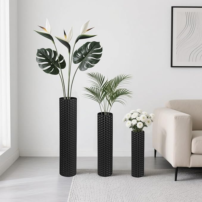 Black Tall Floor Vase - Set of 3 Extra Large Metal Decorative Vases for Living Room, 27.6" Long Modern Honeycomb Texture Big Cylinder Standing Corner Decor for Home Dining Bedroom Pampas Grass - Image 2