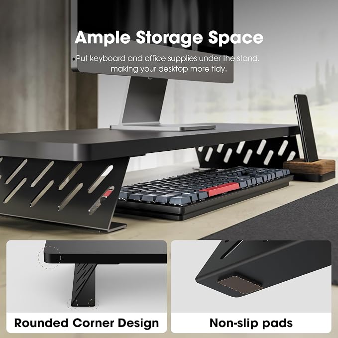Fenge Monitor Stand Riser, 31.5 Inch Desk Top Shelf for 2 Monitors, Computer Stands for Desk, Wood & Steel Desktop Riser for Laptop, PC, Printer - Image 6
