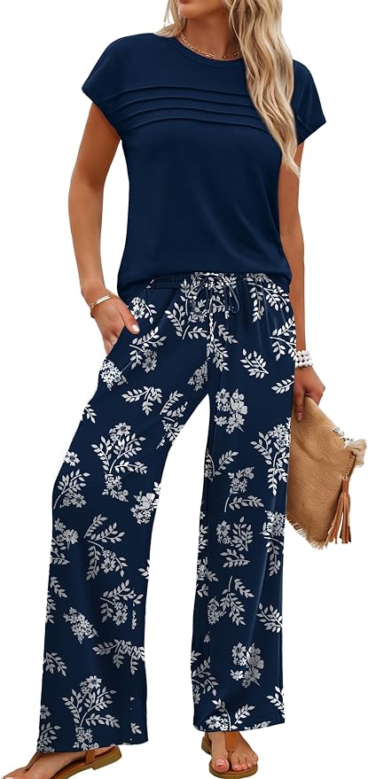 WIHOLL Two Piece Set for Women Summer Spring Outfits Matching Sets Women Clothing Airport Travel Vacation Wide Leg Pants - Image 2