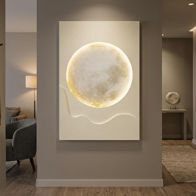 Cuspin Large Modern Minimalist White 3D LED Moon Wall Art 24x36 In | Warm lighted wall art, Cream tones wall decor, Lunar pictures, Soft textured wall art for living room bedroom dining room - Image 4