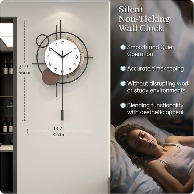Wall Clock Decorative Modern Wall Clocks with Pendulum Silent Non-Ticking Quartz Clock Battery Operated Large Clock for Living Room,Kitchen,Home,Bathroom,Bedroom Wall Art Decor - Image 4