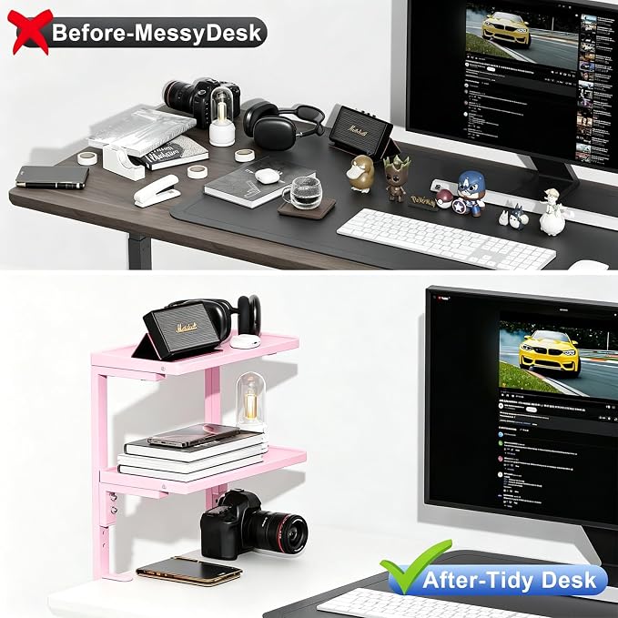 2-Tier Desk Shelf | Desk Organization Expandable Clamp on Desk Shelf Desktop Accessories for Offices and Game Rooms (Pink) - Image 3