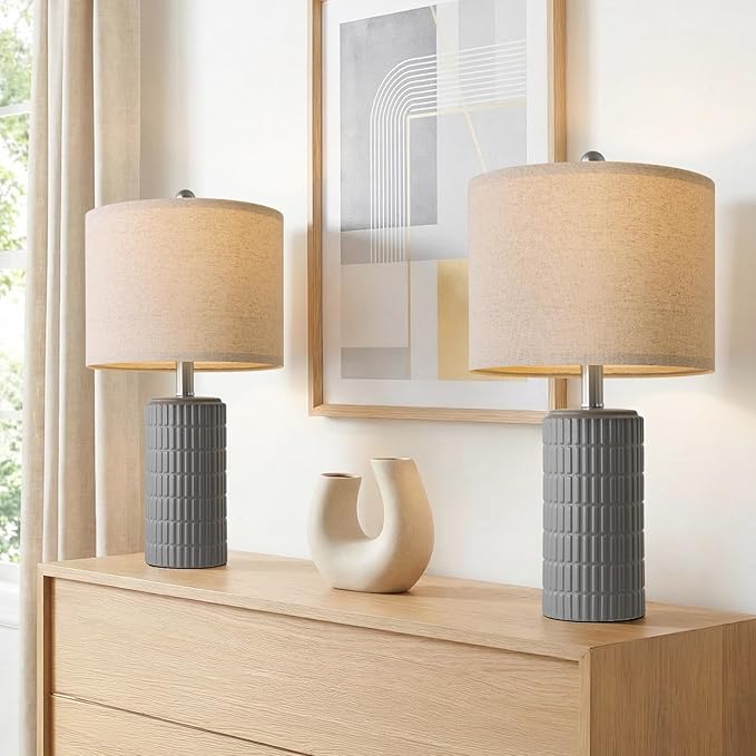 PoKat 20.75'' Ceramic Small Table Lamps for Bedroom, Modern Dark Gray Bedside Lamps Set of 2, Farmhouse Lamps for Living Room with Linen Lampshade for Night Stands Guest Room Side End Table Console - Image 2