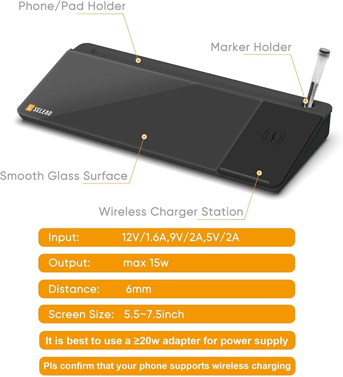 SELEAD Desktop Glass Whiteboard with Wireless Charger Station, Dry Erase Board Computer Pad Keyboard Stand with Organizer Drawer for Home, School, Office Desk Accessories, Black - Image 5