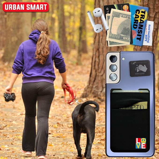 Gecko Travel Tech Double Pocket - Adhesive Card Holder - Cell Phone Pouch - Stick on Spandex Pocket - Carry Credit Cards and Cash (PEACE LOVE) - Image 9