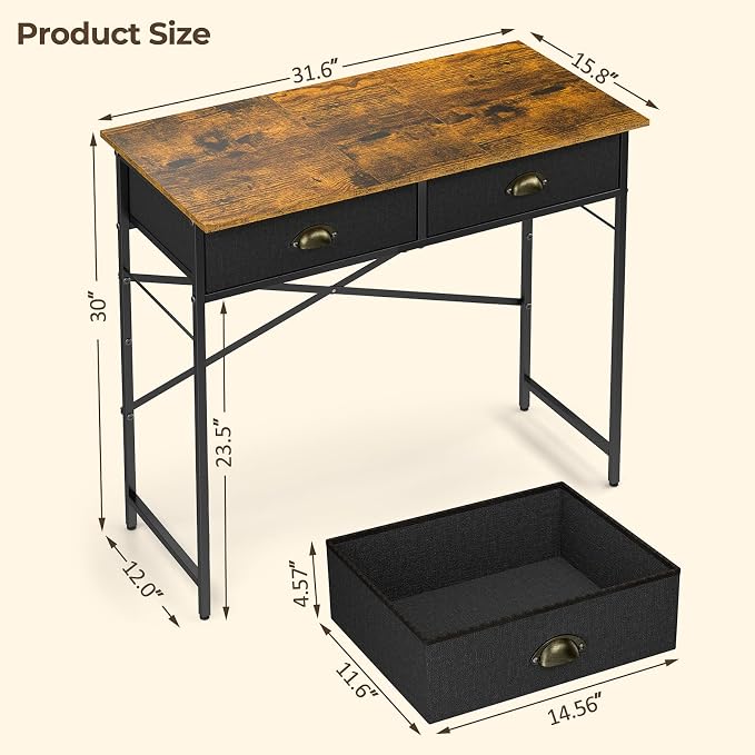 DAOUTIME Small Writing Desk for Kids Bedroom, 31.5 Inch Computer Desk for Small Spaces, Simple Desk with 2 Fabric Drawers for Home Office, Dorm, Living Room, Home Study Table, Rustic Brown - Image 2