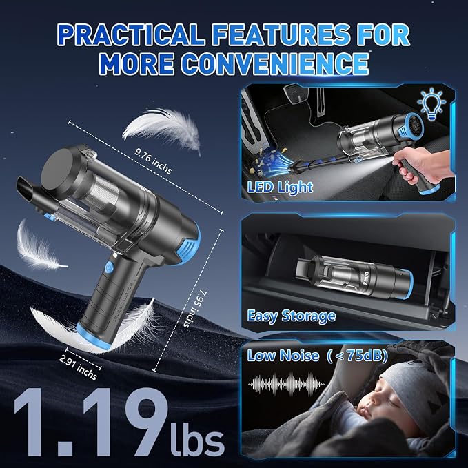 KMM Handheld Car Vacuum Cleaner, 16000PA Air Duster & Vacuum Cleaner, 120W High Power Hand Held Vacuum Cordless, Portable Vacuum Rechargeable with Multi-Nozzles & LED Light for Car, Home, Pet, Office - Image 7