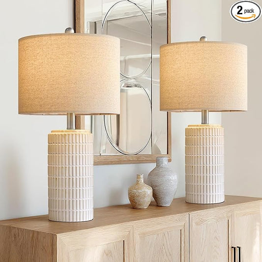 PoKat 24" Modern Ceramic Table Lamps Set of 2 for Bedroom, White Bedside Lamps for Night Stands, Farmhouse Desk Decor Nightstand Table Lamps for Living Room End Table Beige by Pokat