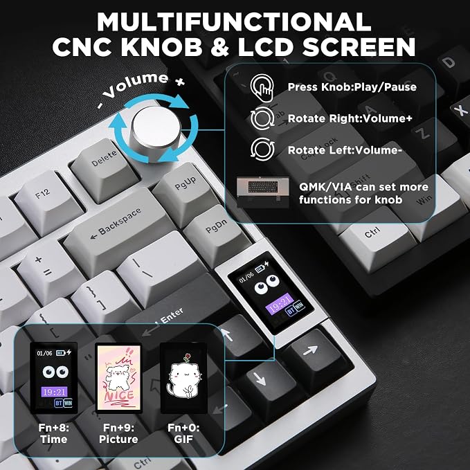 YUNZII AL80 75% Wireless Aluminum Mechanical Keyboard(Silver,Gateron Zero) | QMK/VIA, Smart LCD Display and Knob, Hot Swap, Gasket Structure, BT/2.4G/USB-C, RGB Keyboard for Gaming/Win/Mac - Image 7