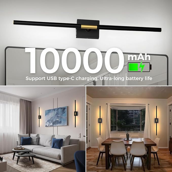 iThird Wall Sconce Battery Operated Wall Light: 10000mAh Wireless Wall Sconces with Remote Control, 360° Rotate Rechargeable Wall Scone for Bedroom Living Room Bathroom Hallway, 31.5 Inch, Black - Image 3