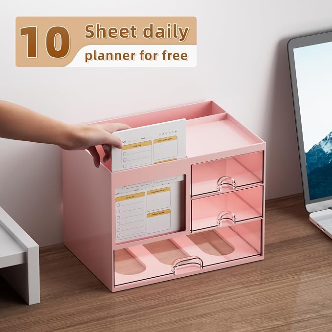 Marbrasse Desk Organizer with 3 Drawer, Multi-Functional Pencil Pen Holder for Desk, Desk Organizers and Accessories with 4 Compartments, Desktop Organizer Storage for Office Home Art Supplies (Pink) - Image 3