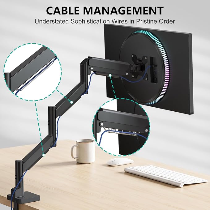 WALI Extra Long Single Monitor Arm for 17-38 inch Screens, up to 26.4 lbs | Tall Monitor Desk Mount, Full Motion with Tilt, Swivel, Rotation, C-Clamp/Grommet Base, VESA 75/100mm (GSMP001L), Black - Image 6