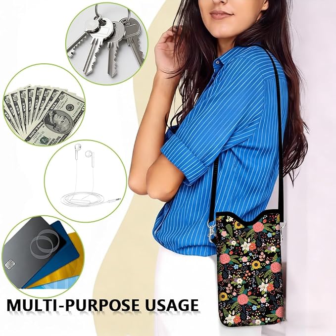 Floral Neoprene Phone Sleeve Pouch with Adjustable Strap Neck Lanyard Fits Most Smartphones, Phone Sleeve Cute Waterproof Crossbody Carrying Cellphone Case Bag for Women 7.1 x 3.9 Inch - Image 7