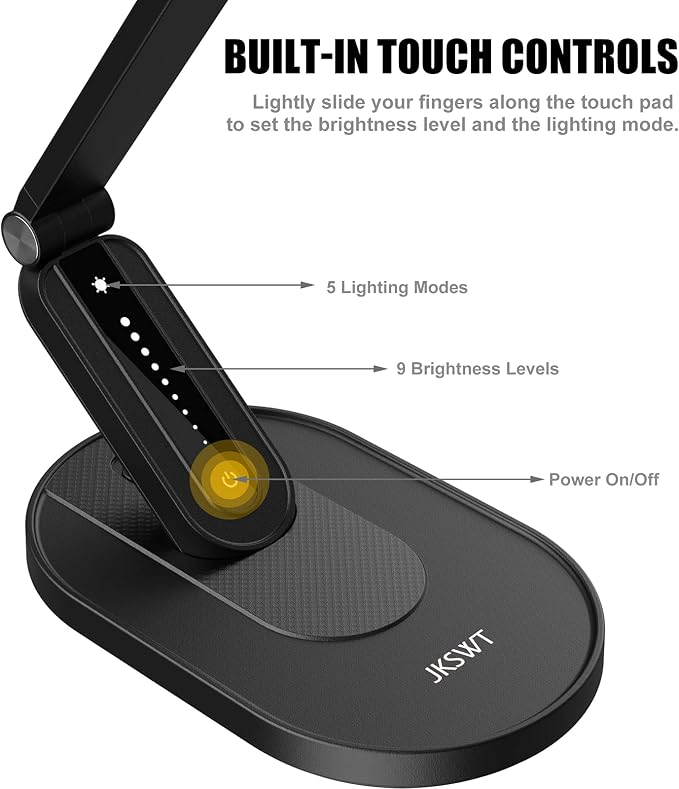 JKSWT LED Desk Lamp, Eye-Caring Table Lamps Natural Light Protects Eyes Dimmable Office Lamp with 5 Color Modes USB Charging Port Touch Control and Memory Function, 10W Reading Lamp,Black - Image 4