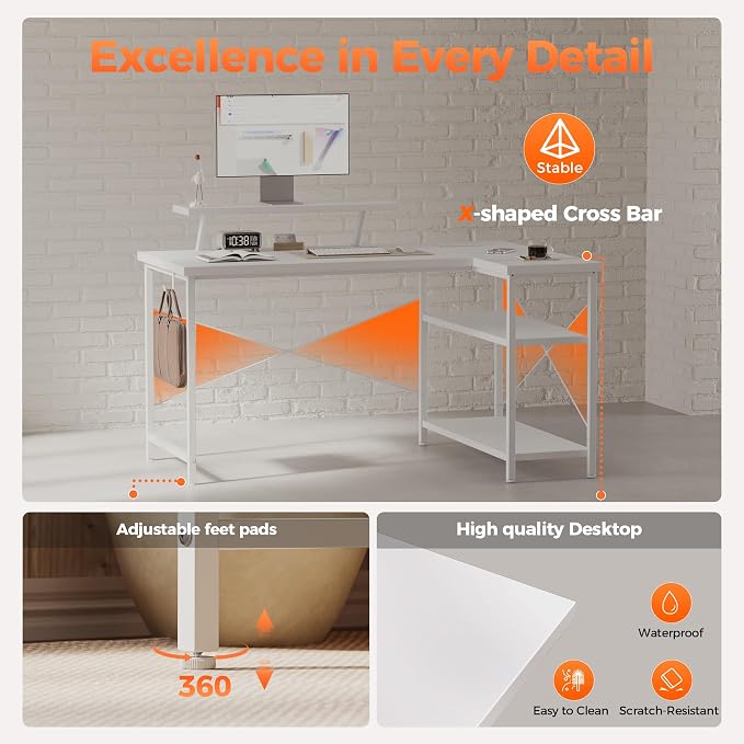 Mericonia 55 in L Shaped Gaming Desk, Large Corner Desk with Monitor Stand | Reversible Computer Desk with Power Outlets, LED Light & Storage Shelves, Office Table for Home Bedroom Study Work Writing - Image 6