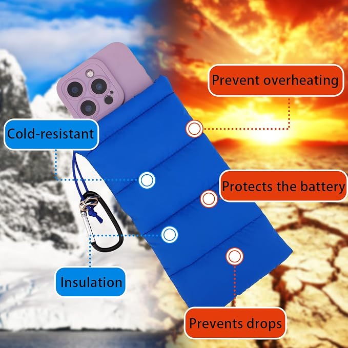 Lyreh Thermal Phone Pouch, Down Cotton Warm Phone Case Cover Bags Prevents Freezing & Overheating Protector Cellphone Pouch with Carabiner Ideal for Outdoor Camping Hiking Skiing(Blue) - Image 3