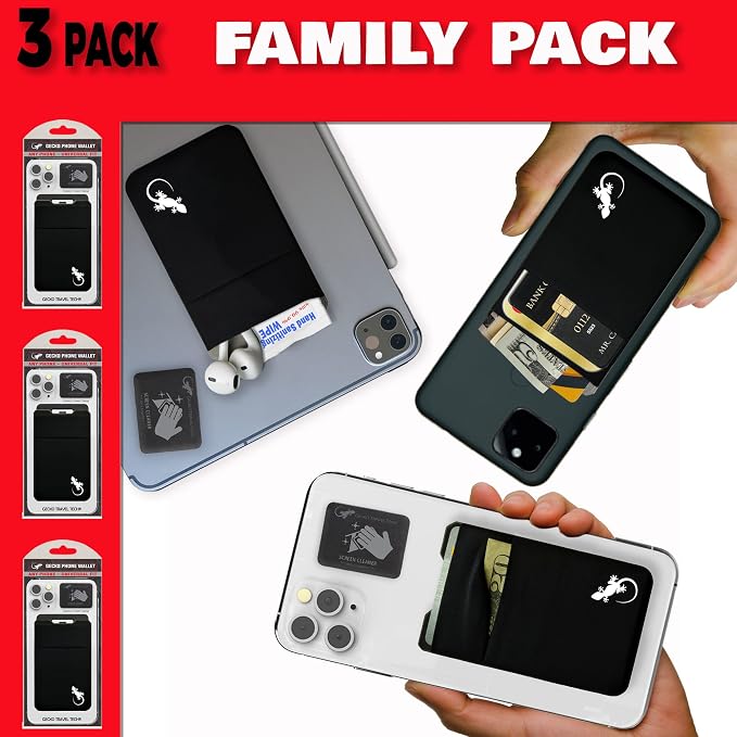 Gecko Travel Tech Double Pocket - Adhesive Card Holder - Cell Phone Pouch - Stick on Spandex Pocket - Carry Credit Cards and Cash (3 PACK - BLACK WHITE) - Image 2