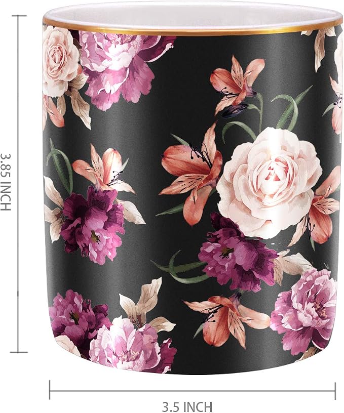 Pen Holder for Desk, Pencil Cup Holder, Cute Floral Makeup Brush Holder Durable Ceramic Flower Design Desk Pencil Organizer for Office, Classroom, Black - Image 3